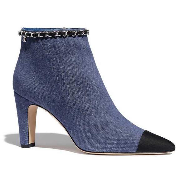 Chanel 20C Blue Denim Fabric Black Chain CC Logo Short Ankle Heel Bootie 38.5 - Picture 1 of 11